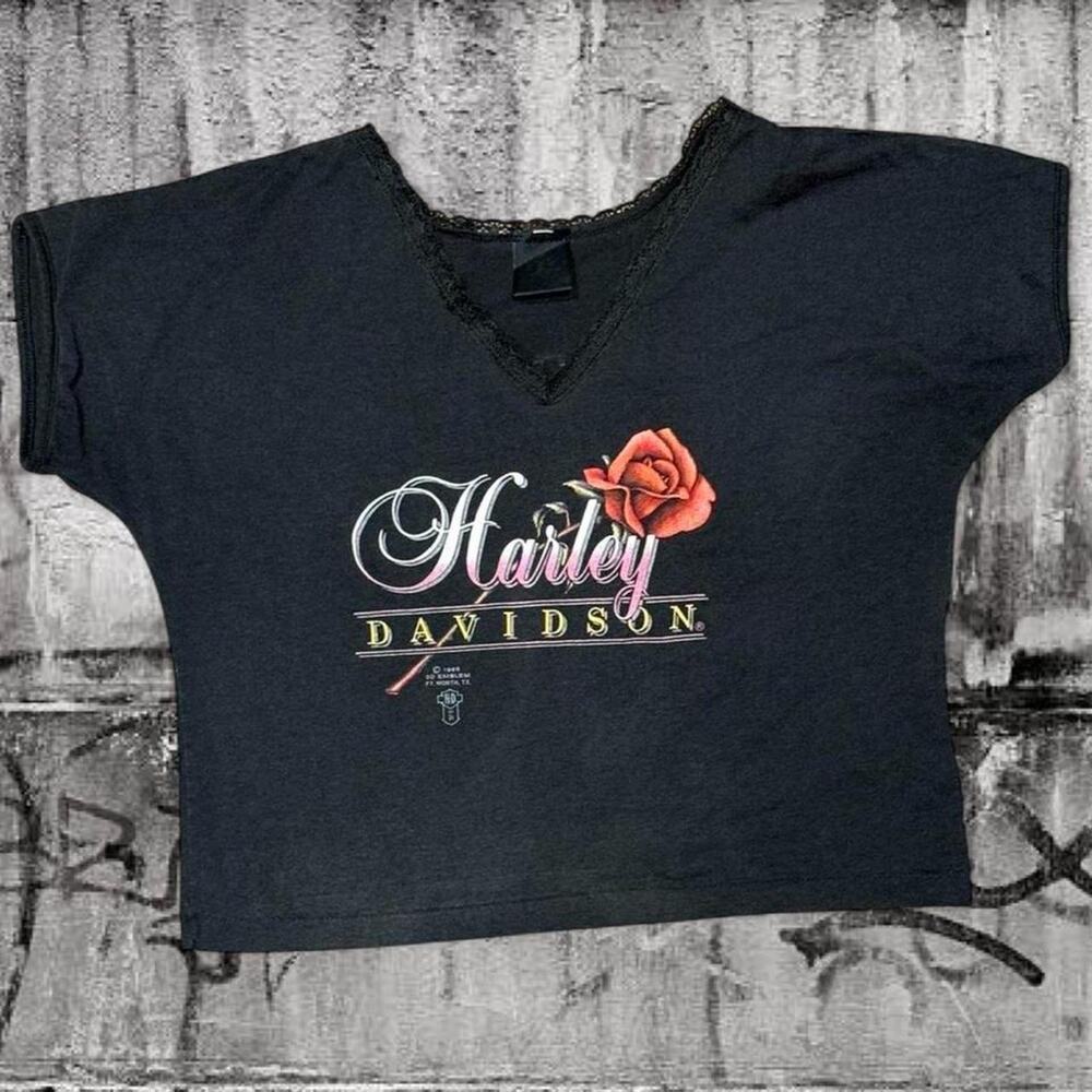 Vintage 1986 Harley Davidson 3D Emblem Crop Lace Trimmed V-Neck Tee - Small